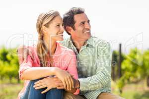 Happy couple sitting in vineyard