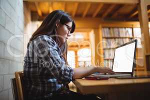 Female student using laptop in library