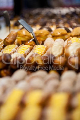 Close-up of baguettes arranged in display