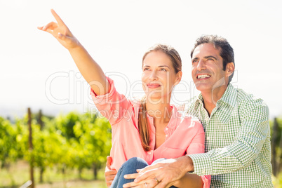 Couple standing in vineyard and pointing at nature