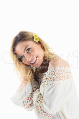 Portrait of beautiful smiling woman against white background