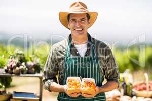 Portrait of a smiling farmer holding box of fruit