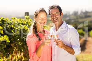 Portrait of happy couple toasting glasses of wine
