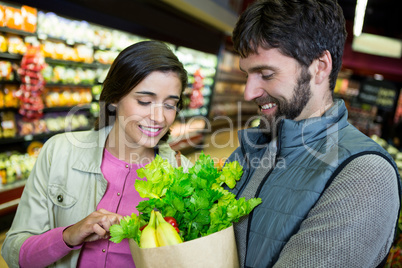 Couple holding grocery bag