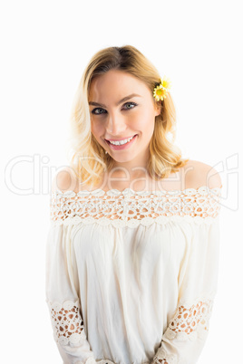 Portrait of beautiful smiling woman against white background