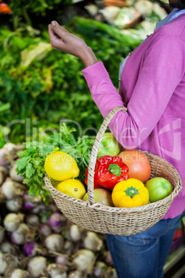 Woman holding fruits and vegetables in basket