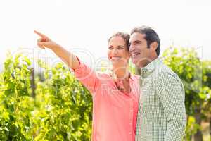 Happy couple standing in vineyard and pointing at nature