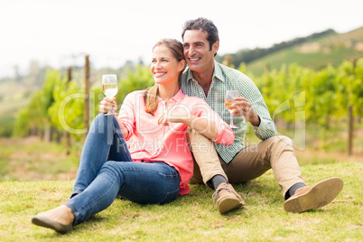 Happy couple holding glasses of wine and looking at nature