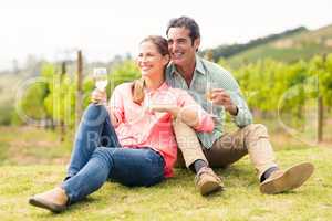 Happy couple holding glasses of wine and looking at nature