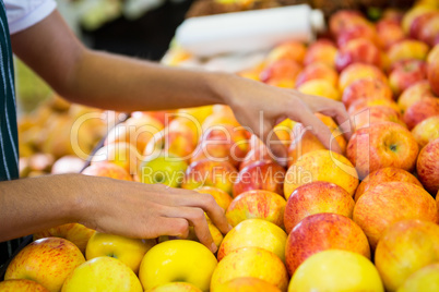 Female staff arranging fruits in organic section