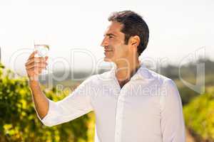 Smiling male vintner looking at a glass of wine