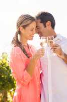 Happy couple toasting glasses of wine