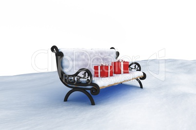 Digitally composite image of gift boxes on park bench