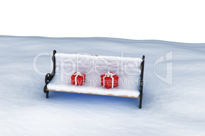 Digitally generated image of gift boxes on snow covered chair
