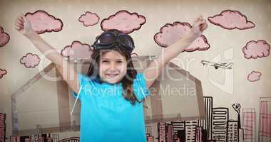 Composite image of smiling girl pretending to be pilot
