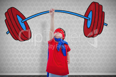 Composite image of masked boy pretending to be superhero on white screen