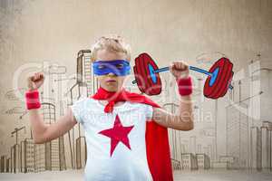Composite image of portrait of superhero boy with arms raised