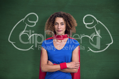 Composite image of portrait of a woman pretending to be superhero