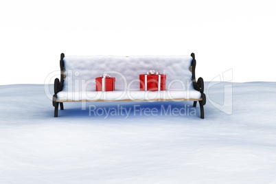 Digitally generated image of gift boxes on park bench