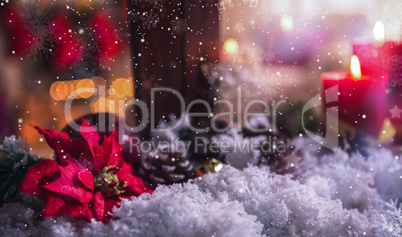 Christmas decorations on fake snow