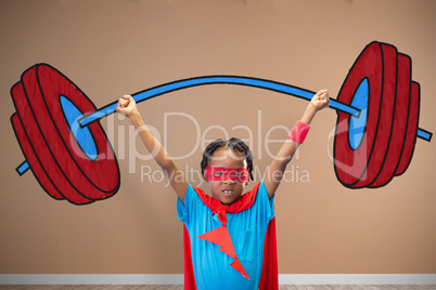 Composite image of boy in superhero disguise standing with hands raised