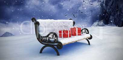 Composite image of digitally composite image of gift boxes on park bench