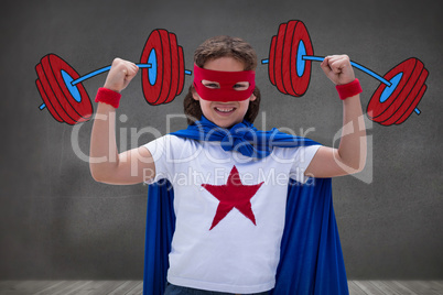 Composite image of portrait of cheerful girl standing with arms raised