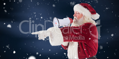 Composite image of santa points at something and uses a megaphone
