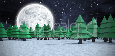 Composite image of green christmas trees on snowy field at forest