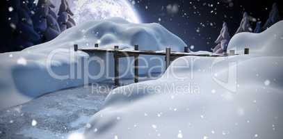 Composite image of wooden bridge over river on snowcapped mountain
