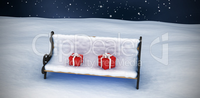 Composite image of digitally generated image of gift boxes on snow covered chair