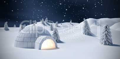 Composite image of illuminated igloo and trees on snow field