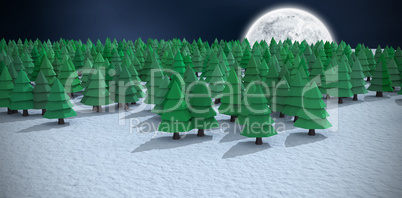 Composite image of high angle view of green christmas trees on snowy field at forest