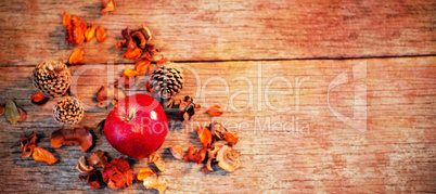 Apple and pine cone on wooden plank