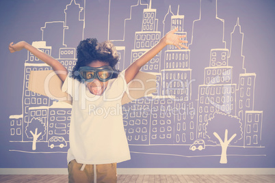 Composite image of playful boy with flying goggles looking away