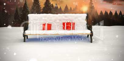 Composite image of digitally generated image of gift boxes on park bench
