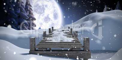 Composite image of wooden bridge on snow covered mountain