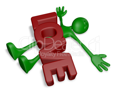 cartoonguy under the word love - 3d rendering