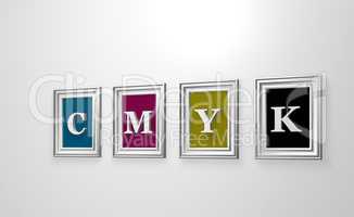 four picture frames with the letters cmyk on white wound - 3d illustration