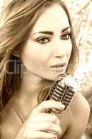 Female Woman Singing With Vintage Microphone