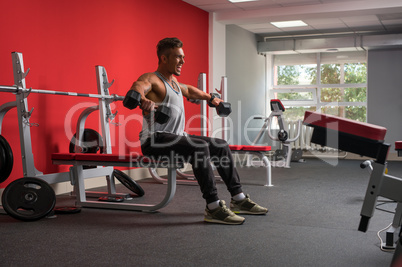 Cheerful athlete exercising with dumbbells in gym