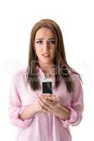 Upset girl holding smartphone with broken screen