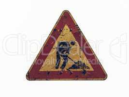 Vintage looking Road works sign isolated