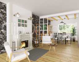 Interior of living room with fireplace 3d rendering