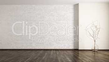 Room with brick wall and glass vase 3d rendering