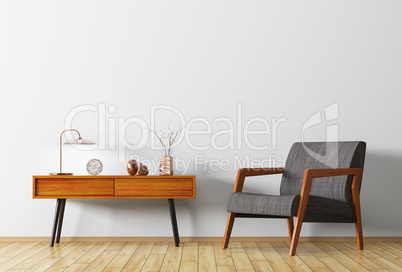 Interior with wooden side table and armchair 3d rendering