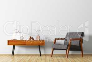 Interior with wooden side table and armchair 3d rendering