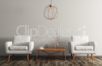 Interior with two armchairs, coffee table and lamp 3d rendering