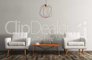Interior with two armchairs, coffee table and lamp 3d rendering