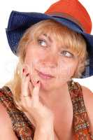 Blond woman with hat.